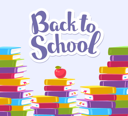 Vector colorful illustration of heap of books with red apple and text back to school on blue background. Bright school design for web, site, advertising, banner, poster, brochure, boardのイラスト素材