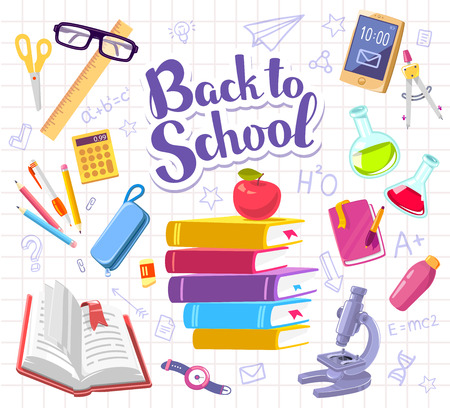 Vector colorful illustration with many school supplies on background of white sheet of school notebook into a cell with text back to school. Bright design for web, site, advertising, banner, poster, brochure, boardのイラスト素材