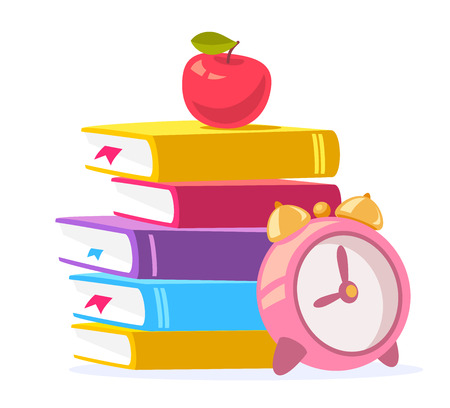 Vector colorful illustration of stack of books, red apple and big pink alarm clock isolated on white background. Bright school design for web, site, advertising, banner, poster, brochure, boardのイラスト素材