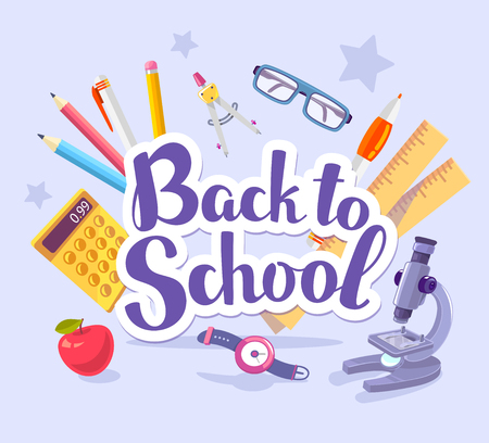 Vector colorful illustration of many school supplies on blue background with text back to school. Art design for web, site, advertising, banner, poster, brochure, boardのイラスト素材