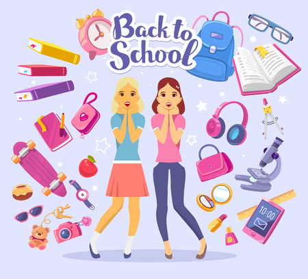 Vector colorful illustration of two young girls with books, backpack, alarm clock and other supplies, text back to school on blue background. Art design for web, site, advertising, banner, poster, flyer, brochure, board, paper print.のイラスト素材
