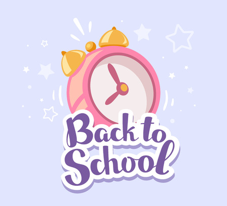 Vector colorful illustration of pink alarm clock with inscription back to school on blue background with stars. Bright design for web, site, advertising, banner, poster, brochure, boardのイラスト素材