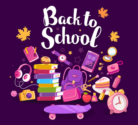 Vector colorful illustration of big collection of many school supplies and autumn maple leaves on dark purple background with text back to school. Art design for web, site, advertising, banner, poster, brochure, boardのイラスト素材