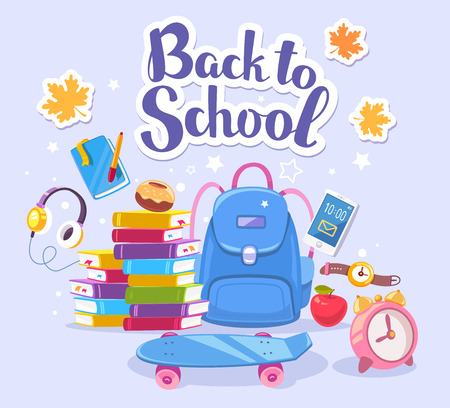 Vector colorful illustration of big backpack, pile of books, skateboard, alarm clock and autumn maple leaves on blue background with text back to school. Art design for web, site, advertising, banner, poster, brochure, boardのイラスト素材