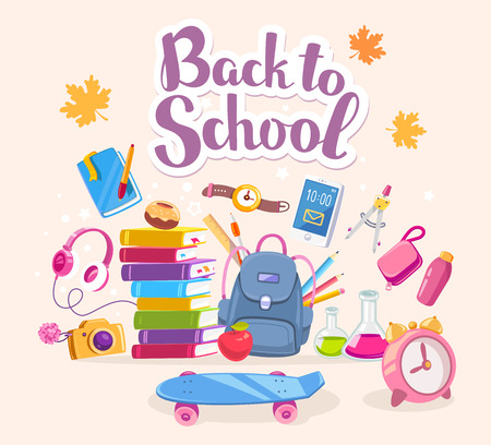 Vector colorful illustration of big collection of many school supplies and autumn maple leaves on light background with text back to school. Art design for web, site, advertising, banner, poster, brochure, boardのイラスト素材