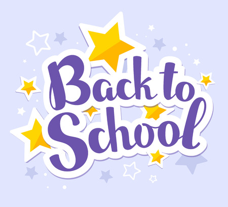 Vector colorful illustration of inscription back to school on blue background with stars. Bright text design for web, site, advertising, banner, poster, brochure, boardのイラスト素材