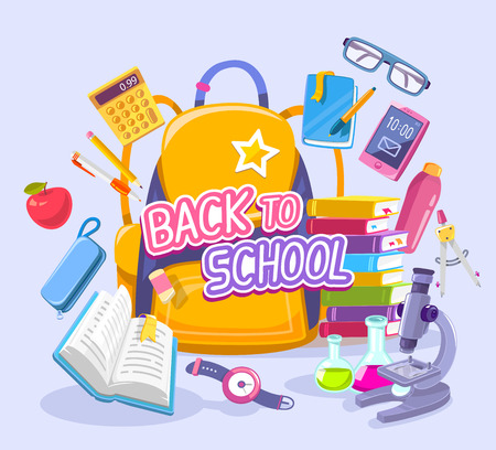 Vector colorful illustration of big yellow backpack with many school supplies on blue background with text back to school. Art design for web, site, advertising, banner, poster, brochure, boardのイラスト素材