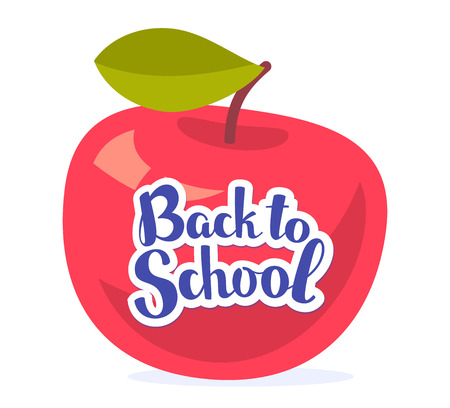 Vector colorful illustration of big red apple with green leaf and text back to school isolated on white background. Bright school design for web, site, advertising, banner, poster, brochure, boardのイラスト素材