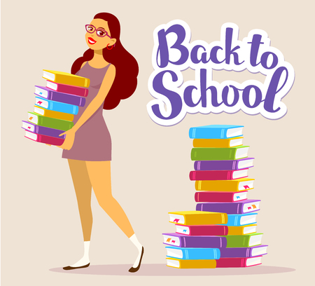 Vector illustration of young smiling girl full length in dress with colorful pile of books in hands on brown background with text back to school. Bright design for web, site, advertising, banner, poster, flyer, brochure, board, paper print.のイラスト素材