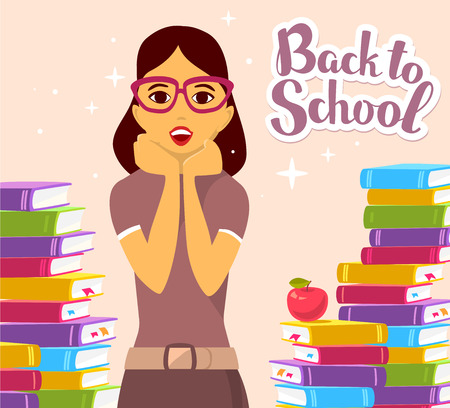Vector illustration of close up young girl puts her hands together near the face and opens month on light background with colorful pile of books and with text back to school. Art design for web, site, advertising, banner, poster, boardのイラスト素材
