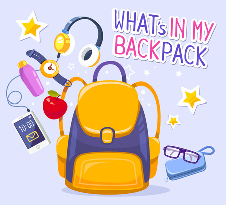 Vector colorful illustration of yellow backpack, phone with headphones, watch, apple, case on blue background with text. Bright design for web, site, advertising, banner, poster, brochure, boardのイラスト素材