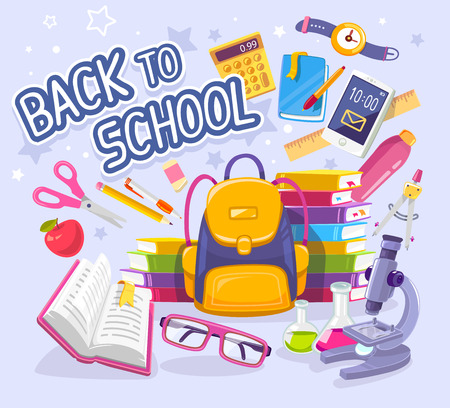 Vector colorful illustration of yellow backpack, pile of books, phone, microscope and other many school supplies with text on blue background. Bright design for web, site, advertising, banner, poster, brochure, boardのイラスト素材