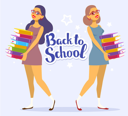 Vector illustration of two smiling young girl full length in dress with colorful pile of books in hands on blue background with text back to school. Bright design for web, site, advertising, banner, poster, flyer, brochure, board, paper print.のイラスト素材