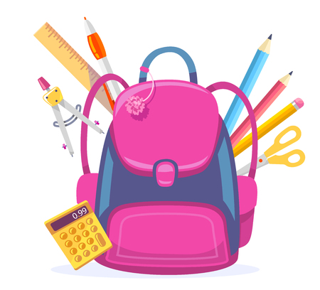 Vector colorful illustration of big pink girly backpack with calculator and other school supplies isolated on white background. Art school design for web, site, advertising, banner, poster, brochure, boardのイラスト素材