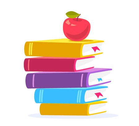Vector colorful illustration of close up stack of books with red apple isolated on white background. Bright school design for web, site, advertising, banner, poster, brochure, boardのイラスト素材