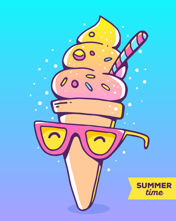Vector colorful illustration of character gradient ice cream with glasses on bright background with dots. Summer time concept. Flat style hand drawn line art design of ice cream for card, posterのイラスト素材