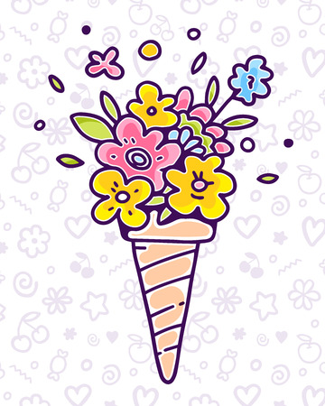 Vector colorful illustration of flower composition in waffle cone on white pattern background with flower, star, cherry. Summer time concept. Flat style hand drawn line art design of ice cream for card, posterのイラスト素材