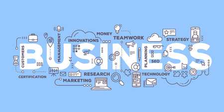 Vector creative illustration of business word lettering typography with line icons and tag cloud on blue background. Business technology concept. Thin line art style design for business plan, management themeのイラスト素材