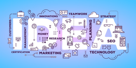 Vector creative illustration of idea word lettering typography with line icons and tag cloud on glow blue gradient background. Creative idea concept. Thin line art style design for business idea theme website bannerのイラスト素材