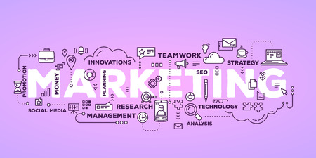 Vector creative illustration of marketing word lettering typography with line icons and tag cloud on glow pink gradient background. Marketing  technology concept. Thin line art style design for business promotion, social media themeのイラスト素材