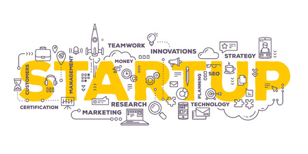 Vector creative illustration of business startup word lettering typography with line icons and tag cloud on white background. Startup technology concept. Thin line art style design for business startup, service development themeのイラスト素材