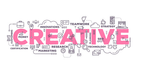 Vector creative illustration of creative word lettering typography with line icons and tag cloud on white background. Creative idea concept. Thin line art style design for business creative theme website bannerのイラスト素材