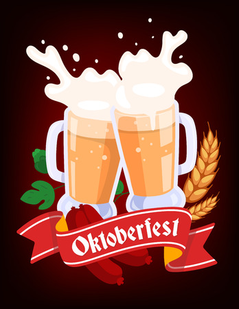 Vector colorful illustration of two big mugs of yellow beer with ears wheat, green leaf hops, sausage, red ribbon and text on dark background. Oktoberfest festival and greeting. Realistic design for web, site, banner, poster, board, cardのイラスト素材
