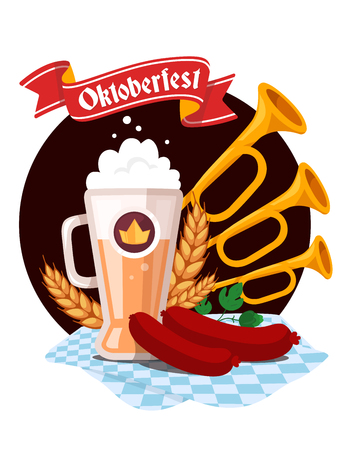 Vector colorful illustration of big mug of yellow beer with ears wheat, green leaf hops, sausage, trumpets, blue tablecloth, red ribbon and text on white background. Oktoberfest festival and greeting. Realistic design for web, site, banner, poster, board,のイラスト素材