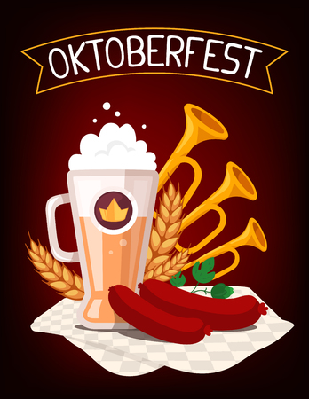 Vector colorful illustration of big mug of yellow beer with ears wheat, green leaf hops, sausage, trumpets, tablecloth, ribbon and text on dark background. Oktoberfest festival and greeting. Realistic design for web, site, banner, poster, board, cardのイラスト素材