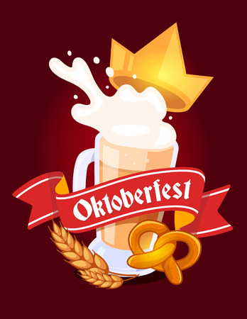 Vector colorful illustration of big mug of yellow beer with golden crown, ears wheat, pretzel, red ribbon and text on dark background. Oktoberfest festival and greeting. Realistic design for web, site, banner, poster, board, cardのイラスト素材
