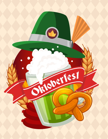 Vector colorful illustration of big mug of green beer with hat, yellow pretzel, sausage, ears wheat, red ribbon and text on light rhombus pattern background. Oktoberfest festival and greeting. Realistic design for web, site, banner, poster, board, cardのイラスト素材