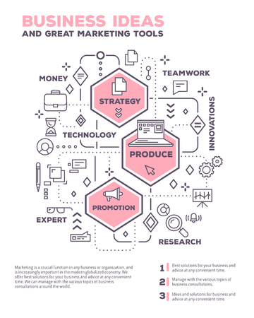 Vector creative concept illustration of graph business project with header, text on white background. Business idea composition poster template. Flat thin line art style monochrome design of business infographicsのイラスト素材
