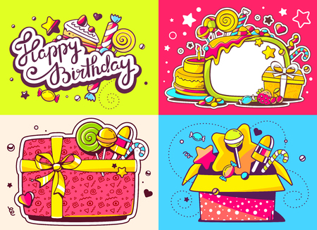 Vector creative colorful set of birthday illustration with gift box, cake and other sweetness, text happy birthday on color background. Happy birthday templates. Flat style hand drawn line art design for sweet food card, poster, bannerのイラスト素材