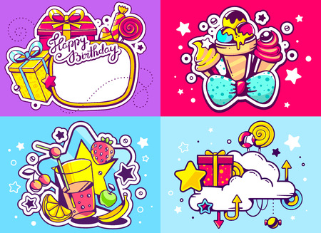 Vector creative colorful set of birthday illustration with gift box, star, frame, ice cream and other sweetness, text happy birthday on color background. Happy birthday templates. Flat style hand drawn line art design for sweet food card, poster, bannerのイラスト素材