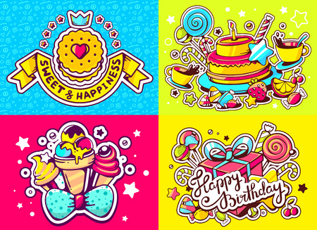 Vector creative colorful set of birthday illustration with gift box, cake, cookie, ice cream and other sweetness, text happy birthday on color background. Happy birthday templates. Flat style hand drawn line art design for sweet food card, poster, bannerのイラスト素材