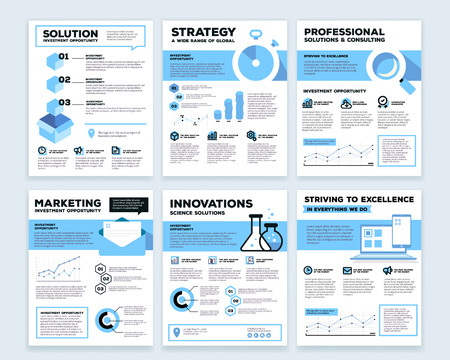 Vector collection of corporate business template infographic with objects, chart, graph, icons, header, text on white background. Flat style design of business infographic for annual report, poster, mobile design, print, webのイラスト素材