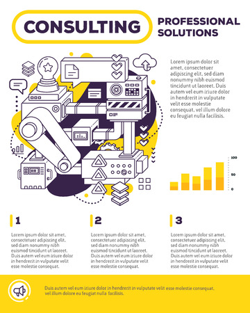Vector template with illustration of three dimensional black with yellow mechanism on white background. 3d line art style design for business presentation, poster, print, leafletのイラスト素材
