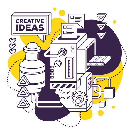 Vector illustration of three dimensional black and white mechanism to develop creative ideas on white with yellow background. 3d line art style design for business web, site, banner, poster, printのイラスト素材