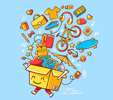 Vector illustration of colorful joy character shopping box with lot of purchases on blue background. Doodle style. Thin line art flat design of shopping box character with hands, legsのイラスト素材