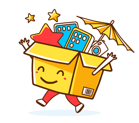 Vector illustration of colorful smile character shopping box with electronics, star, umbrella inside on white background. Doodle style. Thin line art flat design of shopping box character with hands, legsのイラスト素材
