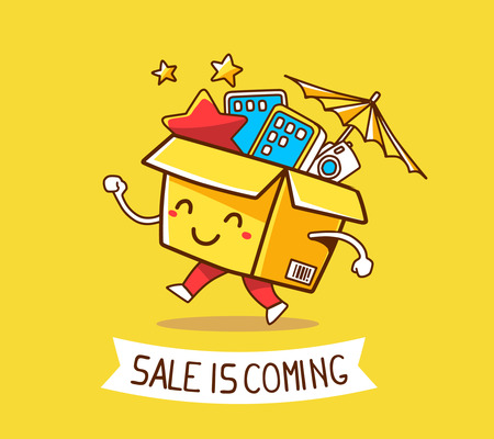 Vector illustration of colorful cheerful character shopping box with electronics, star, umbrella inside and ribon with text on yellow background. Doodle style. Thin line art flat design of shopping box character with hands, legsのイラスト素材