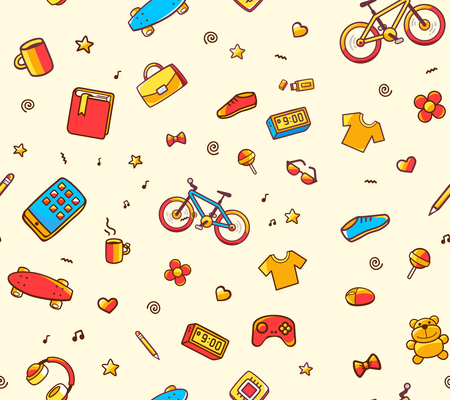 Vector festive bright seamless pattern with different sport, leisure goods on light background. Doodle style. Hand drawn line art design for web, site, advertising, banner, poster, board, printのイラスト素材