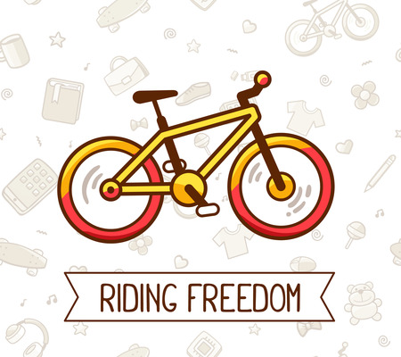 Vector illustration of colorful bicycle with ribbon and text on white pattern background. Doodle style. Bike adventure concept. Thin line art flat design of bicycle, riding on the bicycle, cycling themeのイラスト素材