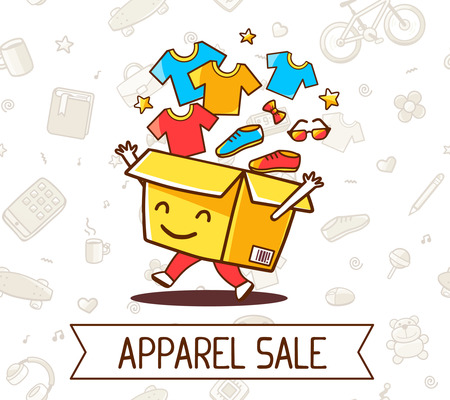 Vector colorful illustration of yellow cheerful character shopping box with apparel, shoe  inside and ribon with text on white pattern background. Doodle style. Thin line art flat design of shopping box character with hands, legsのイラスト素材