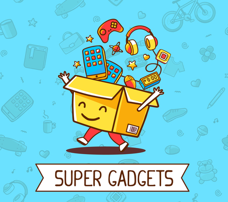 Vector illustration of colorful joy character shopping box with electronics, gadget inside on blue pattern background. Doodle style. Thin line art flat design of shopping box character with hands, legsのイラスト素材