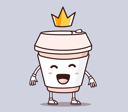 Vector illustration of color smile takeaway coffee cup with yellow crown on gray background. Creative cartoon coffee concept. Doodle style. Thin line art flat design of character coffee cup for best drink themeのイラスト素材