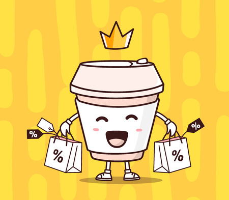 Vector illustration of color smile takeaway coffee cup with shopping packages, crown on yellow background. Creative cartoon coffee concept. Doodle style. Thin line art flat design of shopping character coffee cupのイラスト素材