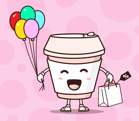 Vector illustration of color smile takeaway coffee cup with shopping package, air balloons on pink background. Creative cartoon coffee concept. Doodle style. Thin line art flat design of shopping character coffee cupのイラスト素材