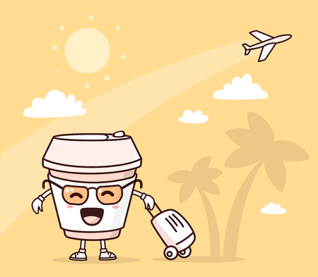 Vector illustration of color smile takeaway coffee cup with suitcase on yellow background with palm trees and airplane. Doodle style. Thin line art flat design of traveling character coffee cupのイラスト素材