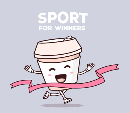 Vector illustration of color smile takeaway coffee cup runs through the tape to win on gray background. Creative cartoon coffee concept. Doodle style. Thin line art flat design of character coffee cup for sport win themeのイラスト素材